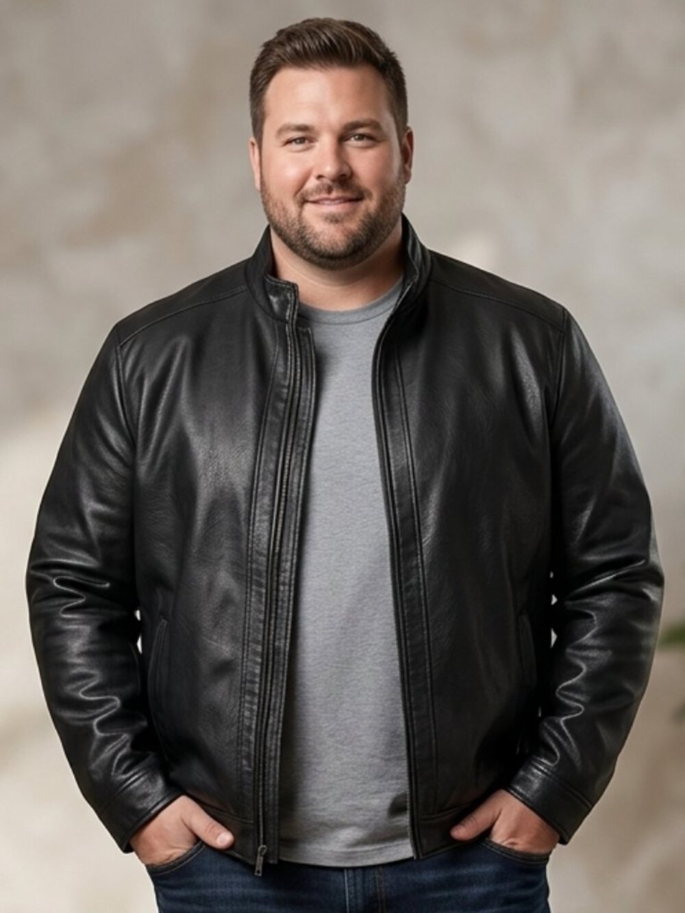 Point Zero Collection Men's Black Leather Zip-Front Jacket, Size Large